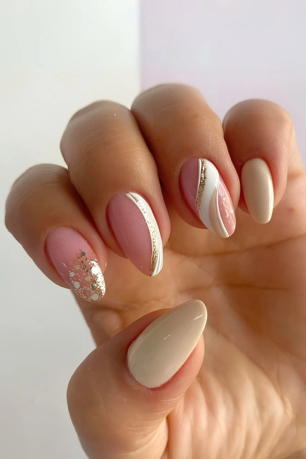 Vanilla-Maniküre mit Glitzer und Swirl-Design