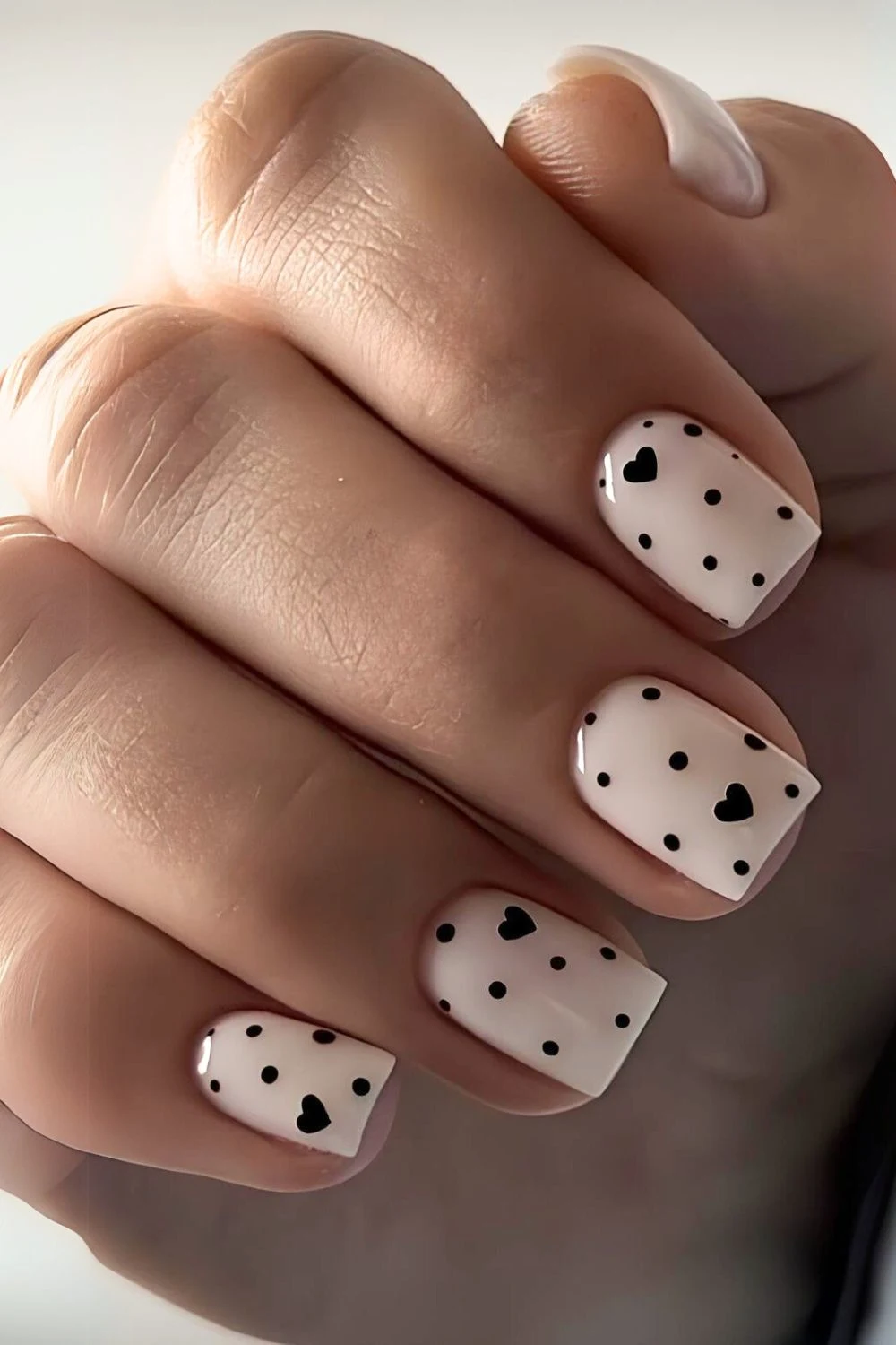 Weiße Nägel mit schwarzen Herzen und Punkten