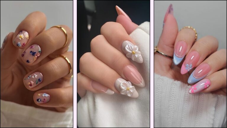 Eine Collage hübscher Blumen-Nageldesigns