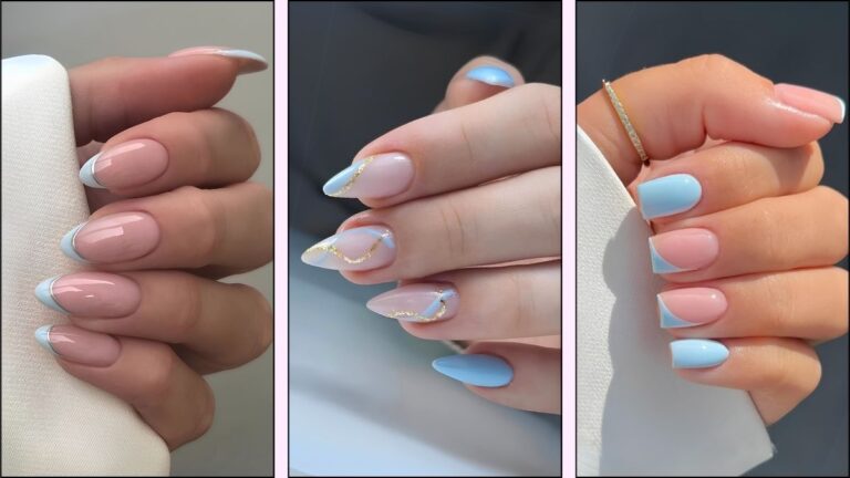 Eine Collage mit hellblauen Nageldesigns