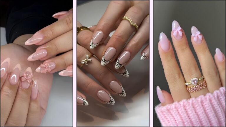 Eine Collage mit Schleifen-Nageldesigns