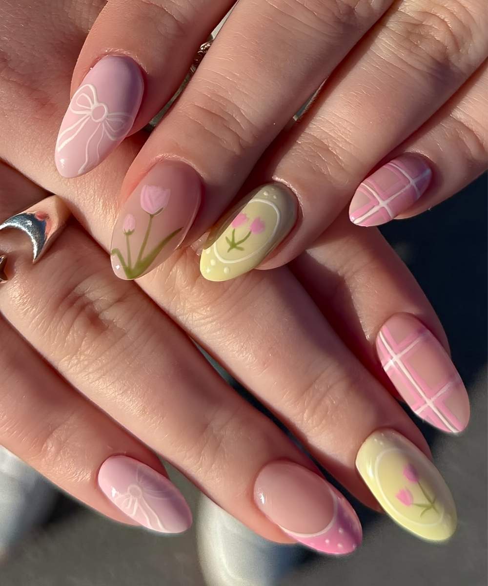 Gruene Pink Naegel mit Schleifen und Tulpen