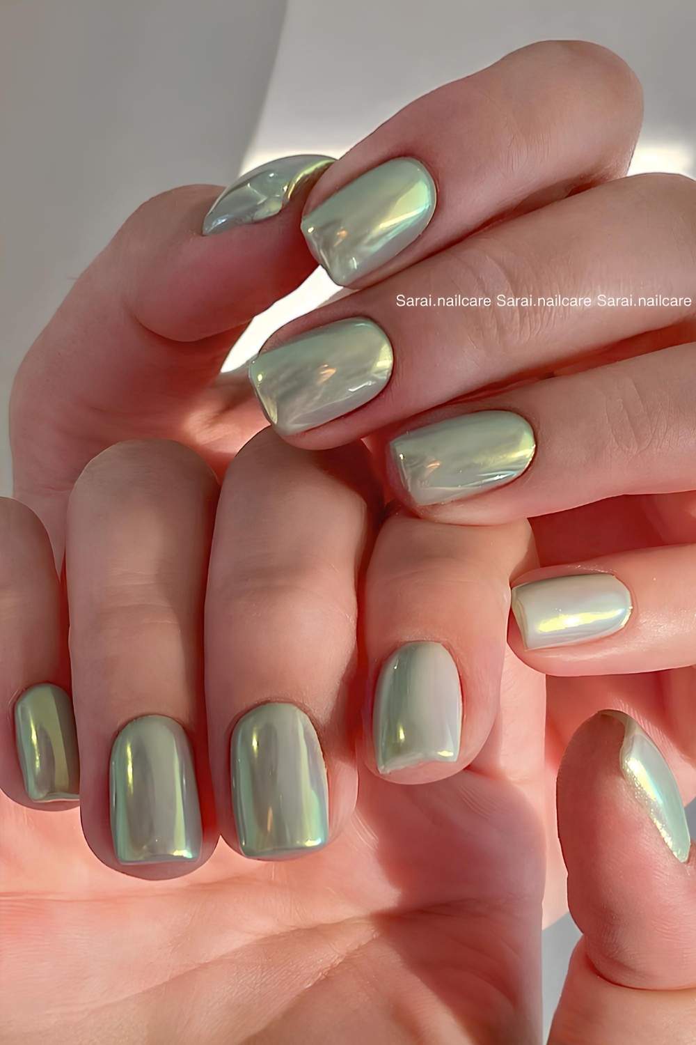Kurze gruene Chrome Manikuere