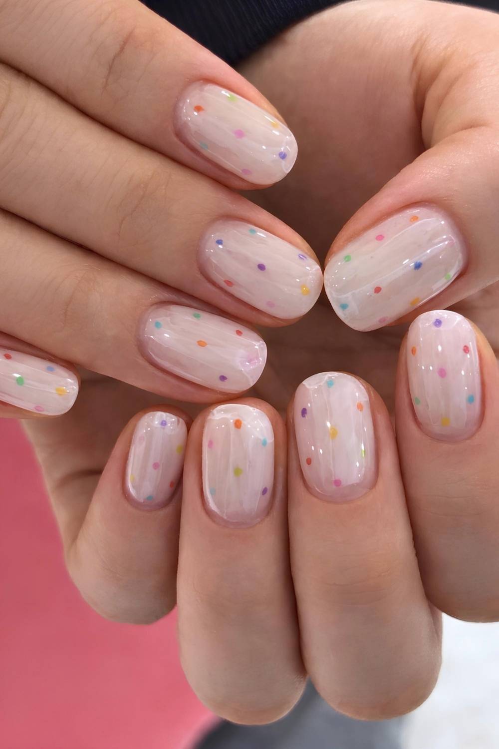Milchig Weisse Naegel mit Bunten Polka Dots