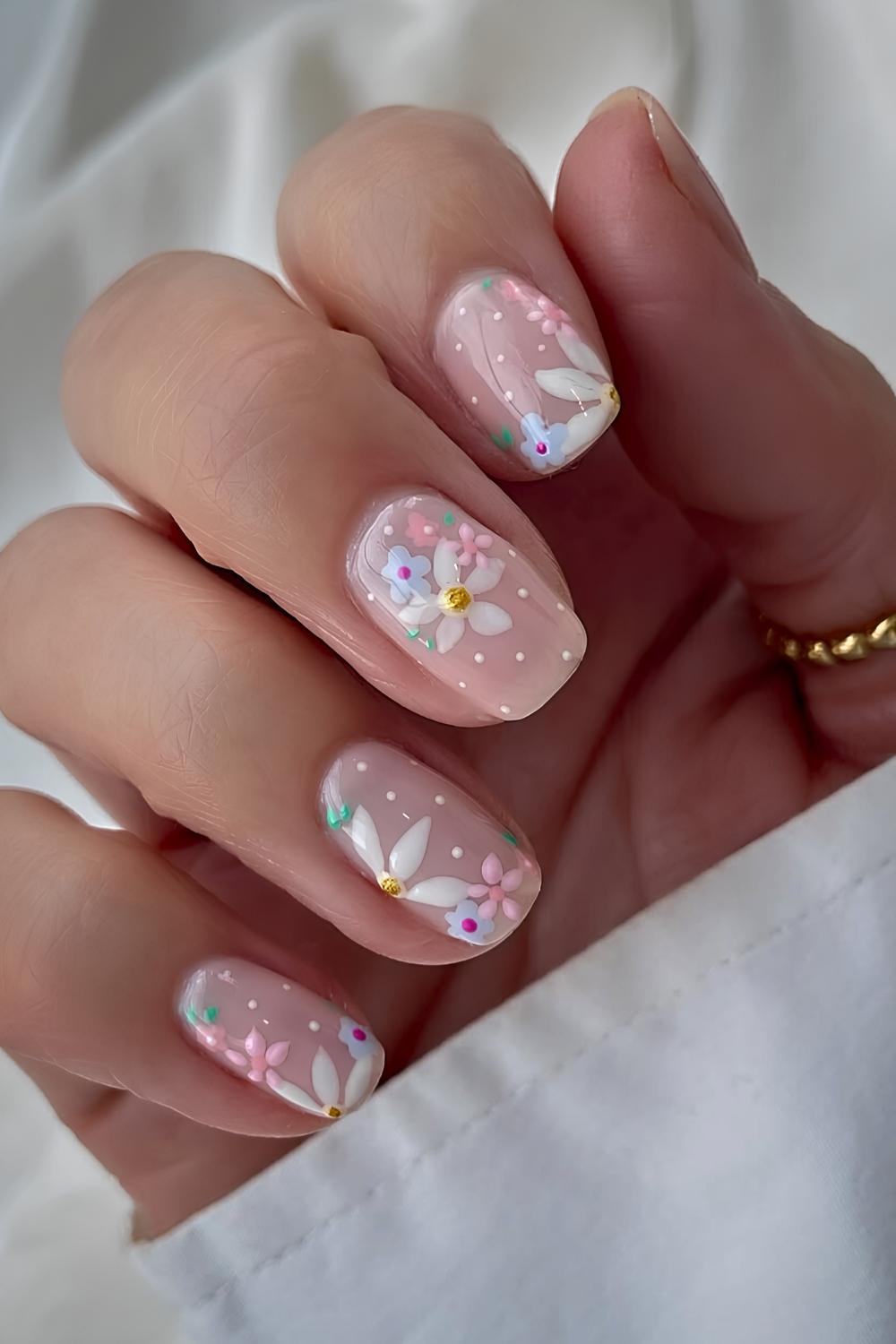 Milchige Naegel mit Pastellblumen
