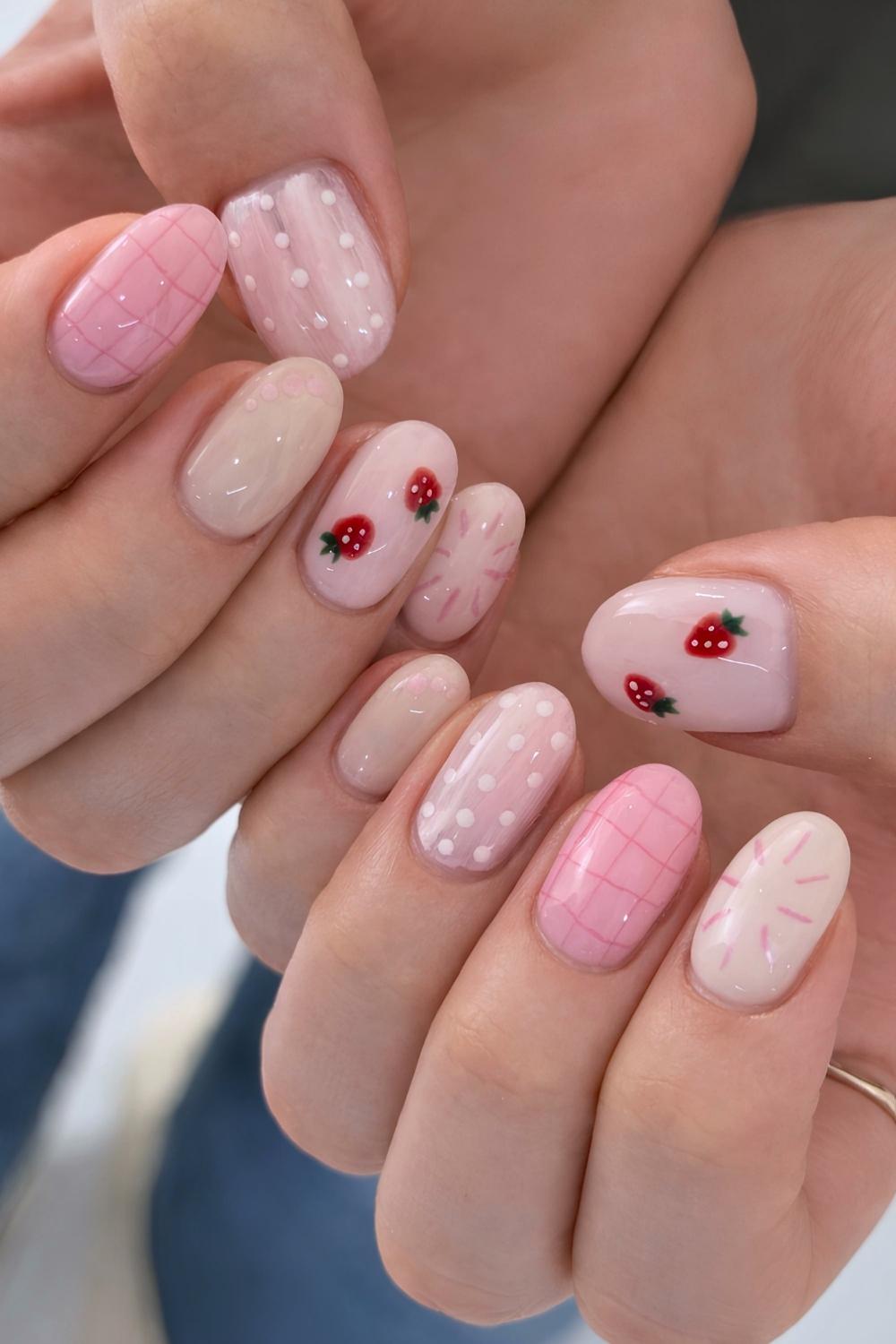 Pastellrosa und Weisse Erdbeer Naegel