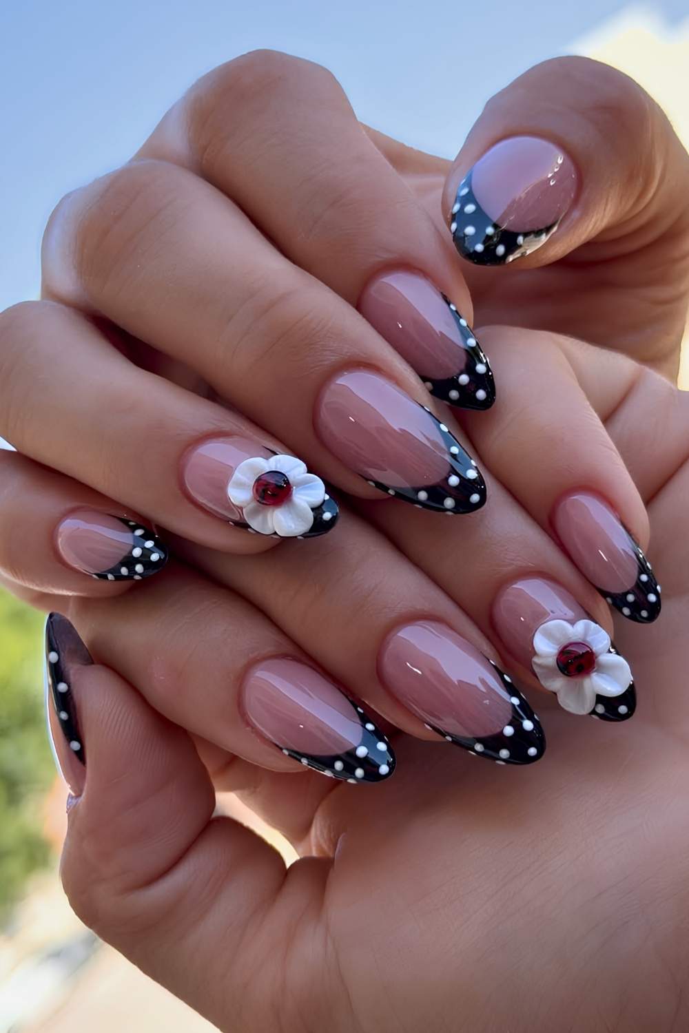 Schwarze French Nails mit Punkten und Marienkaefern
