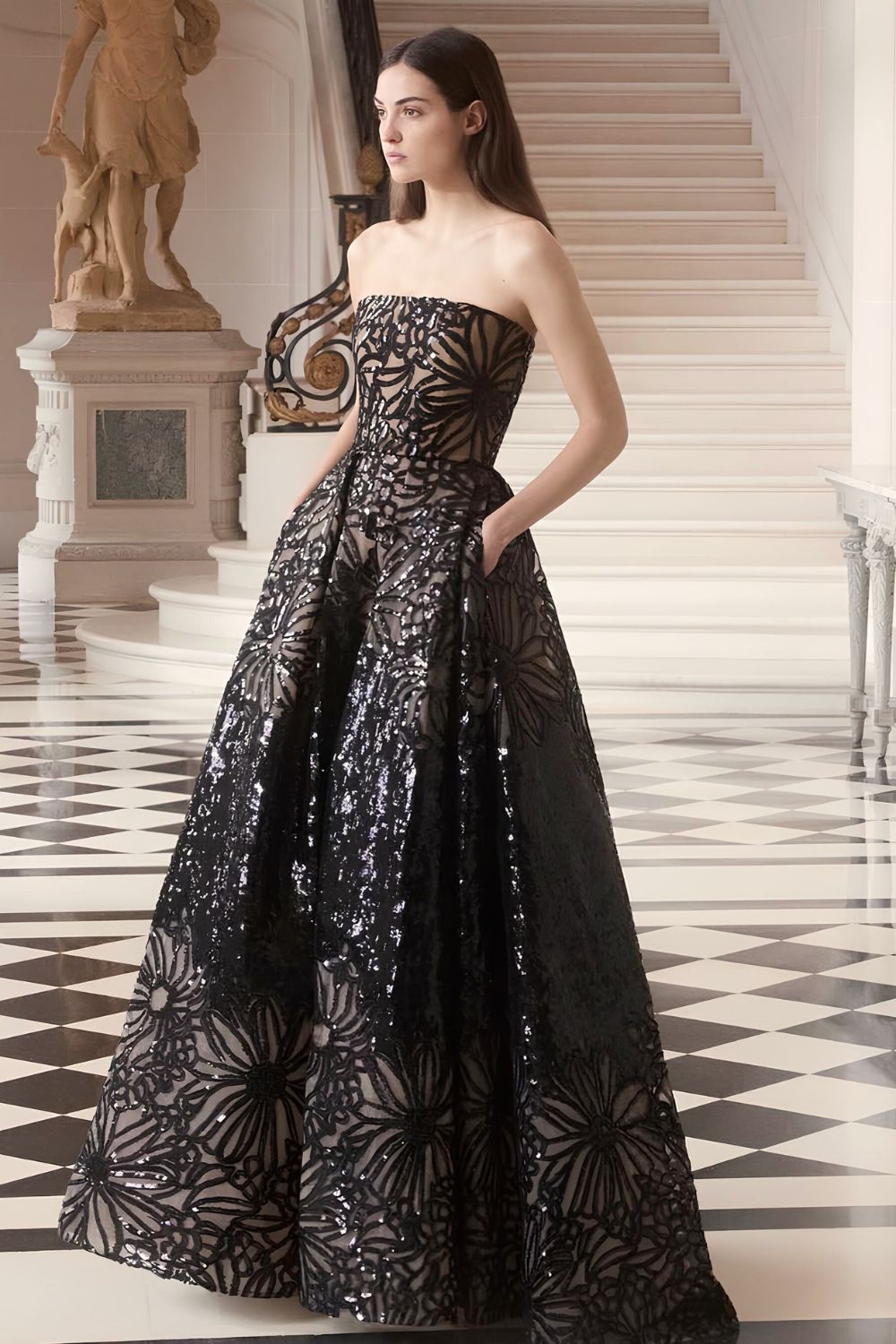 Schwarzes Ball-Abiballkleid mit Pailletten und Taschen