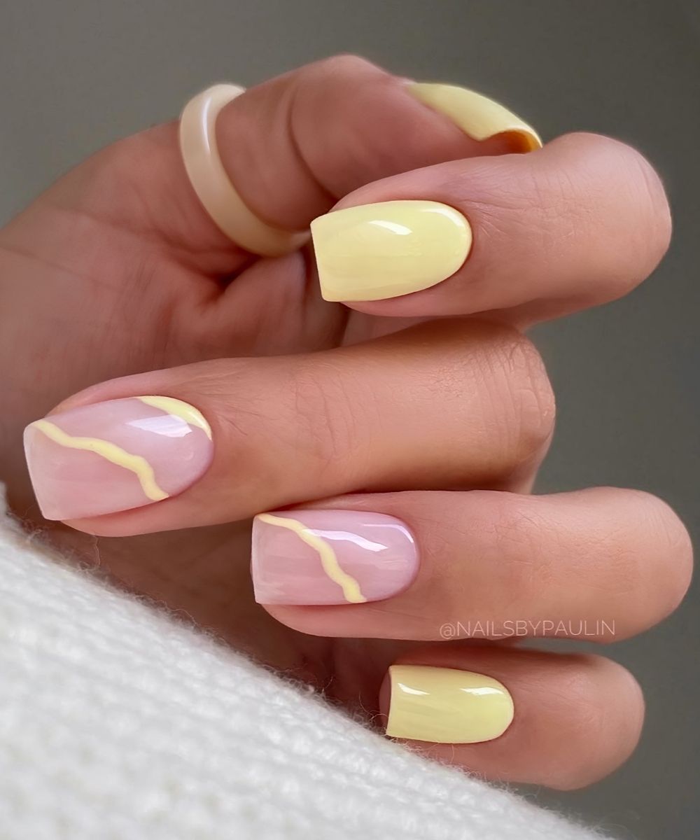 Buttergelbe Mani mit Line Art Akzent
