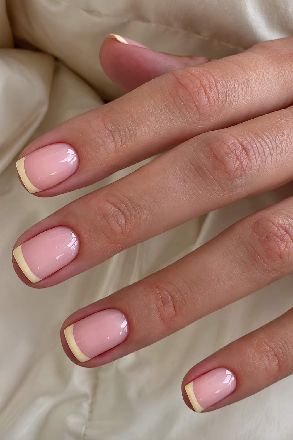 Kurze buttergelbe French Manikuere