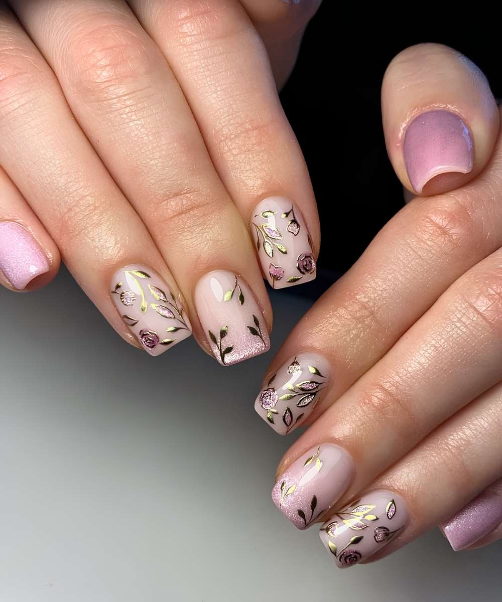 Rosa Cat Eye Naegel mit Rosen