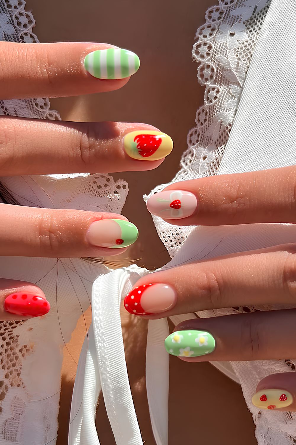 Bunte Mix-and-Match-Nägel mit Erdbeeren