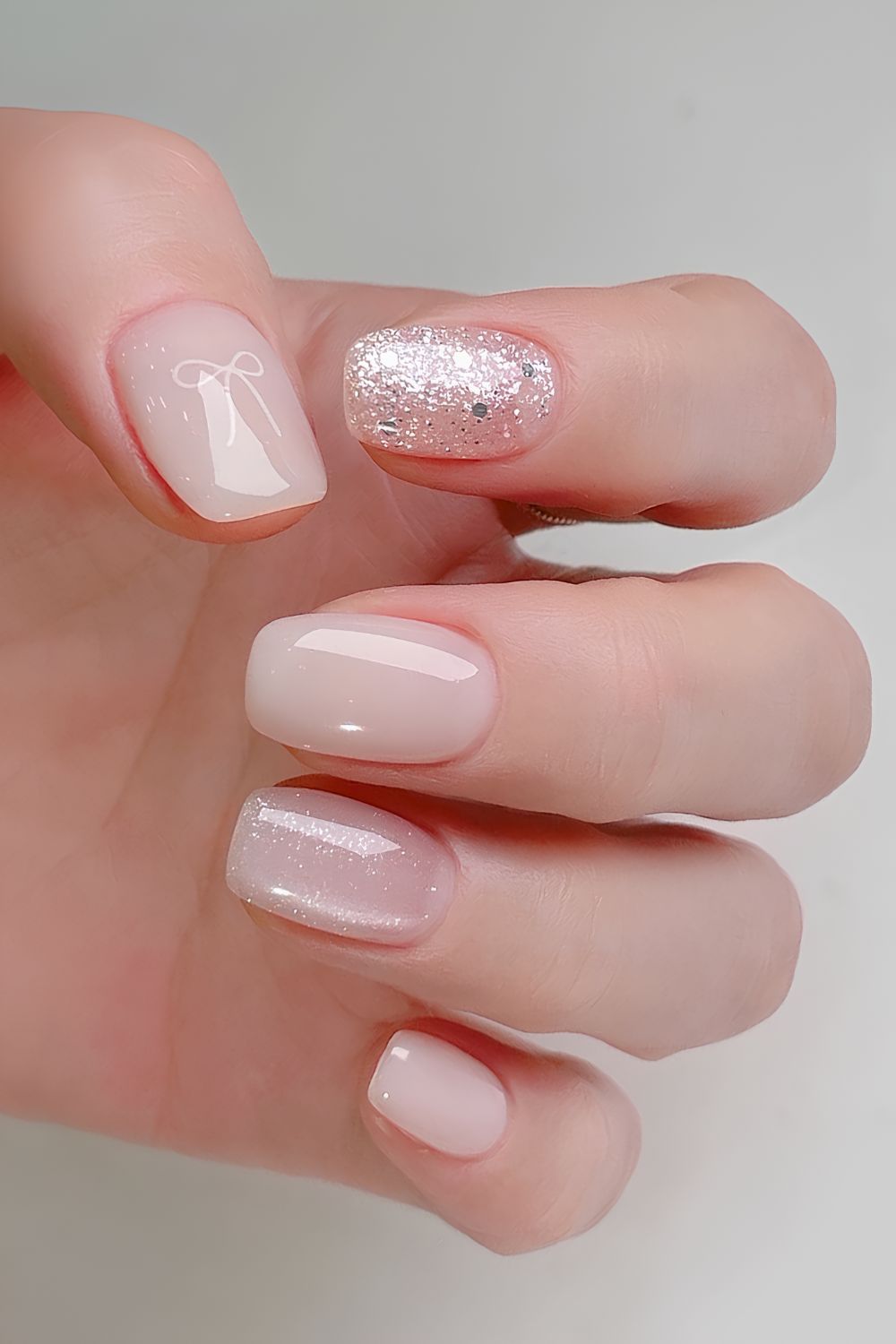 Milchig weiße Nägel mit Glitzer und Schleifen