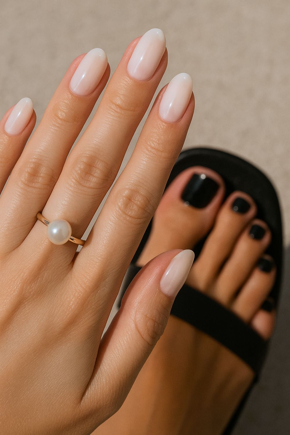 Milchweiße Maniküre und schwarze Pediküre