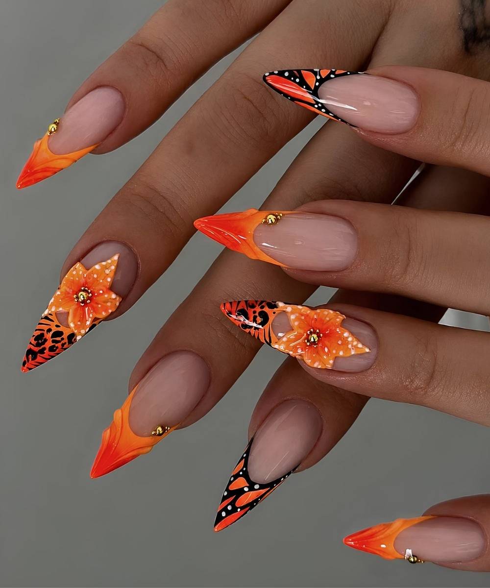 Neonorange Mani mit Animal Print und Blumen