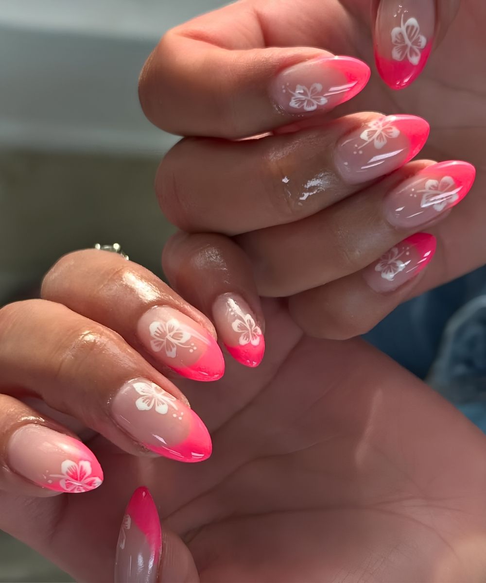 Neonpinke French Mani mit Hibiskus Art