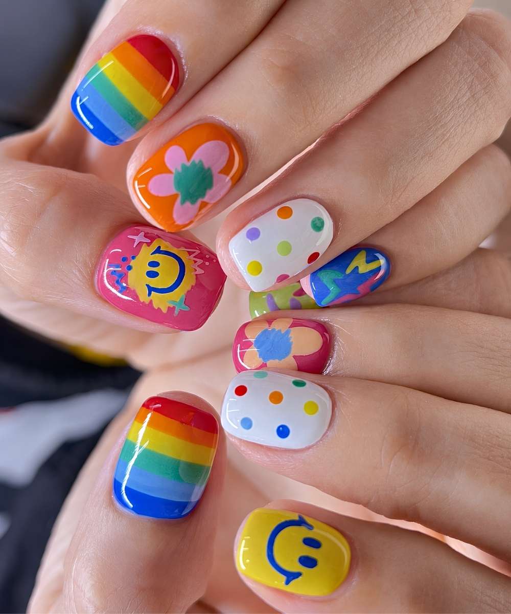 Bunte Naegel mit Regenboegen und Smileys