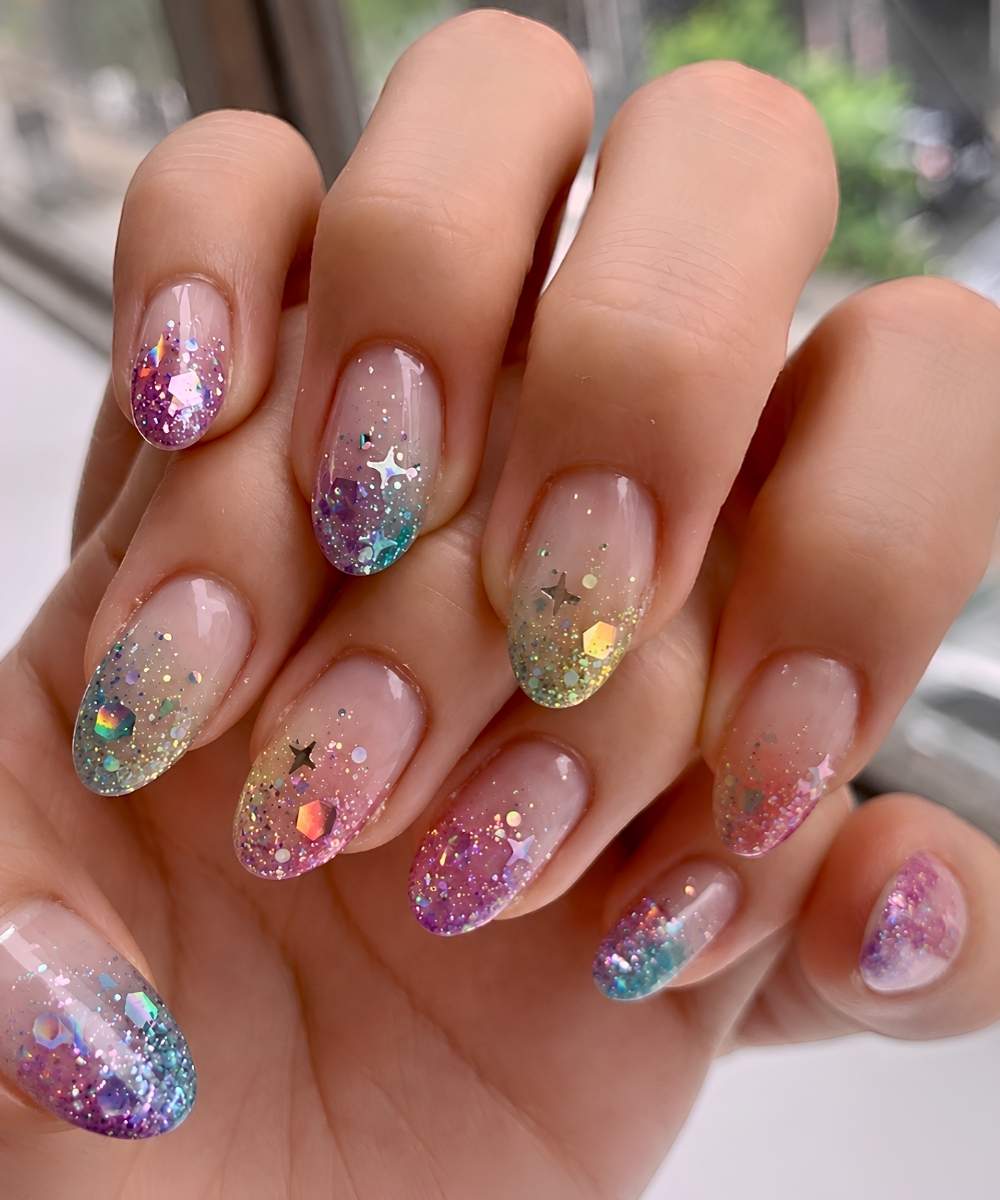 Bunte Y2K Glitzer Ombre Manikure