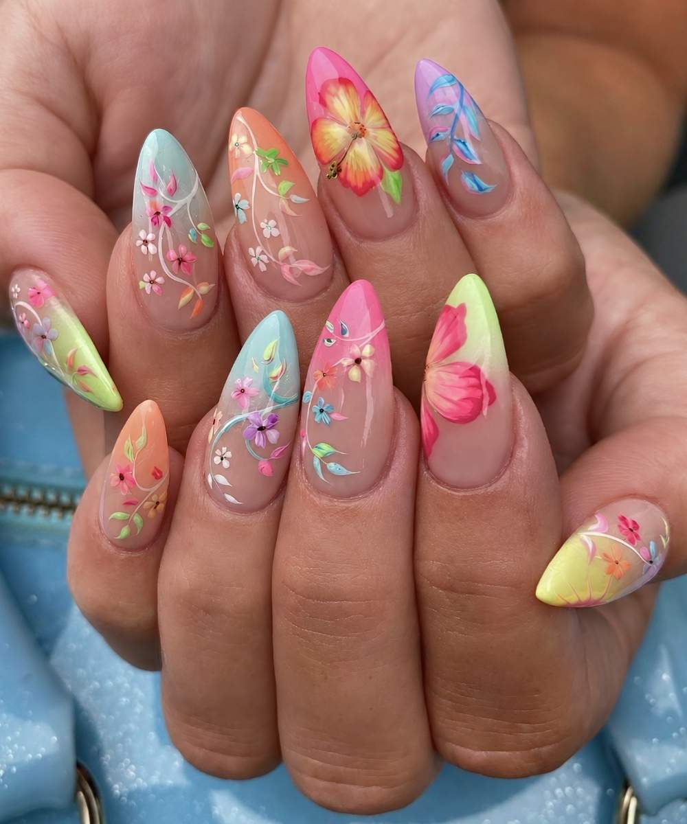 Bunte naegel mit tropischen blumen