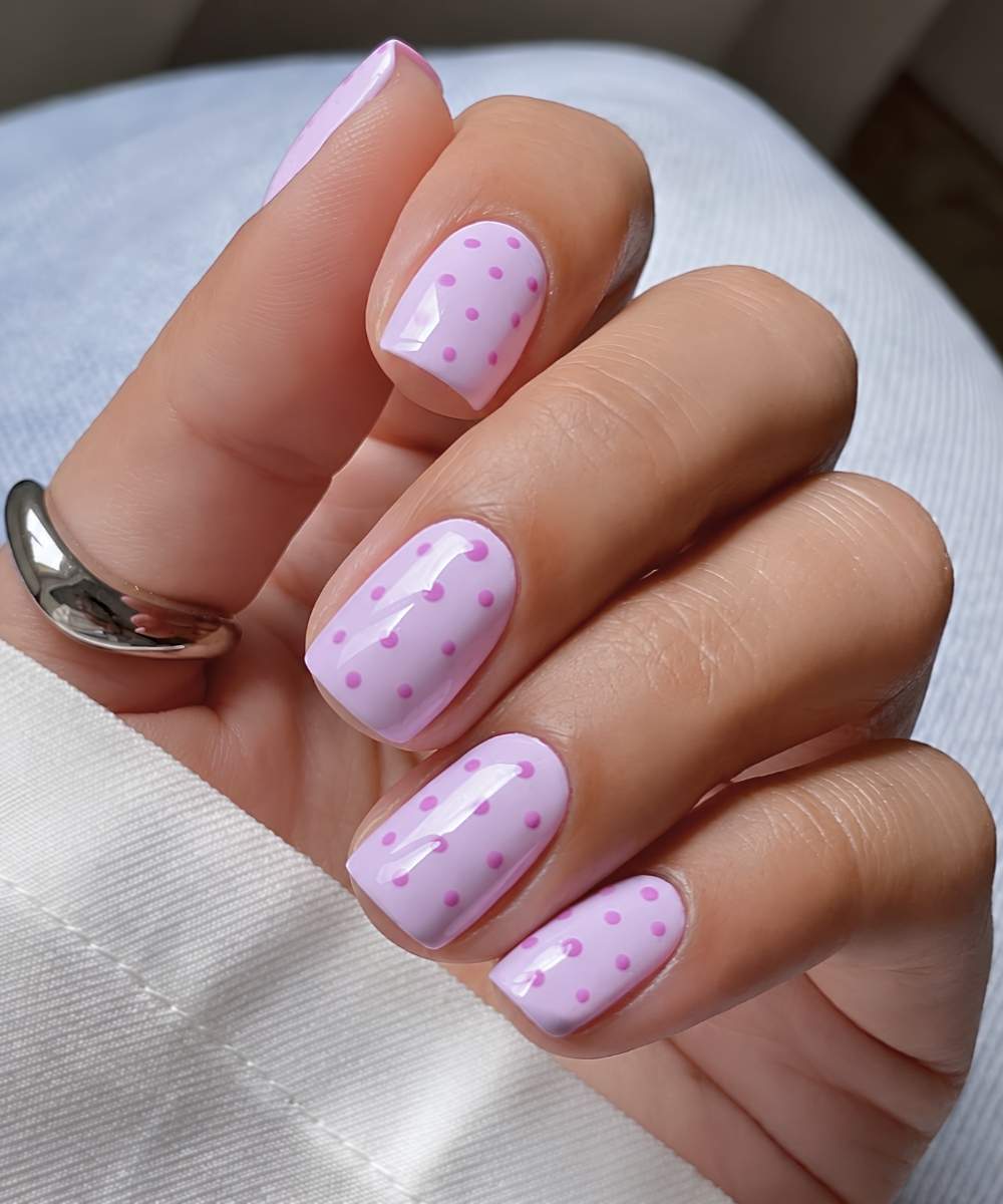 Flieder Naegel mit rosa Polka Dots