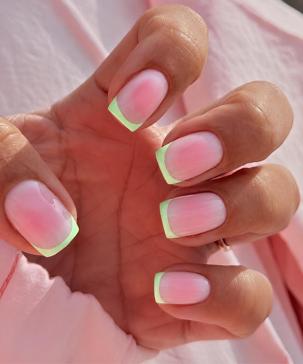 Mintgruene French Manikuere auf pinker Aura Basis