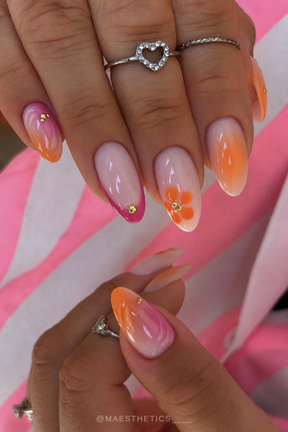 Orange Rosa Naegel mit Blooming Gel Blumen
