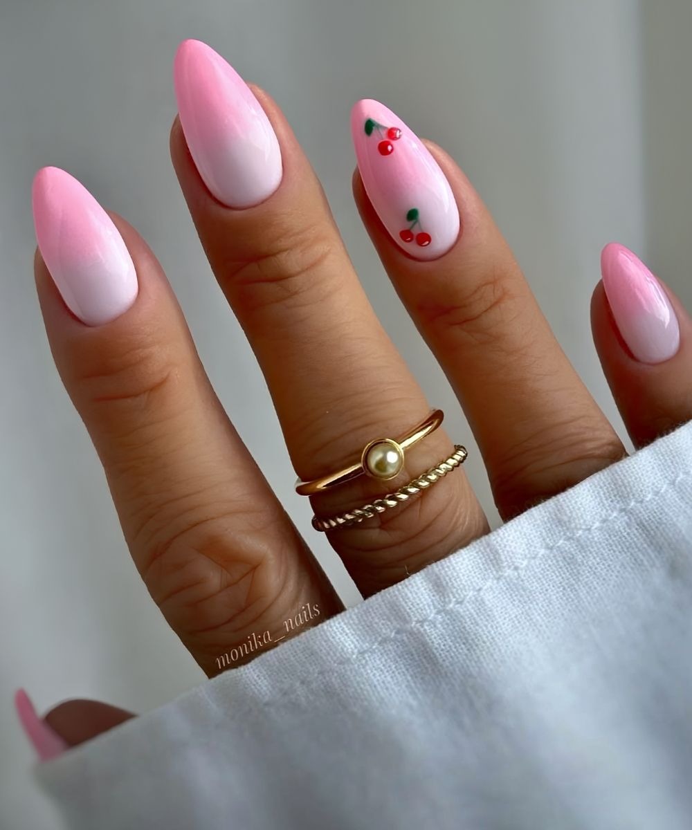 Pink Ombre Mani mit Mikro Kirsch Art