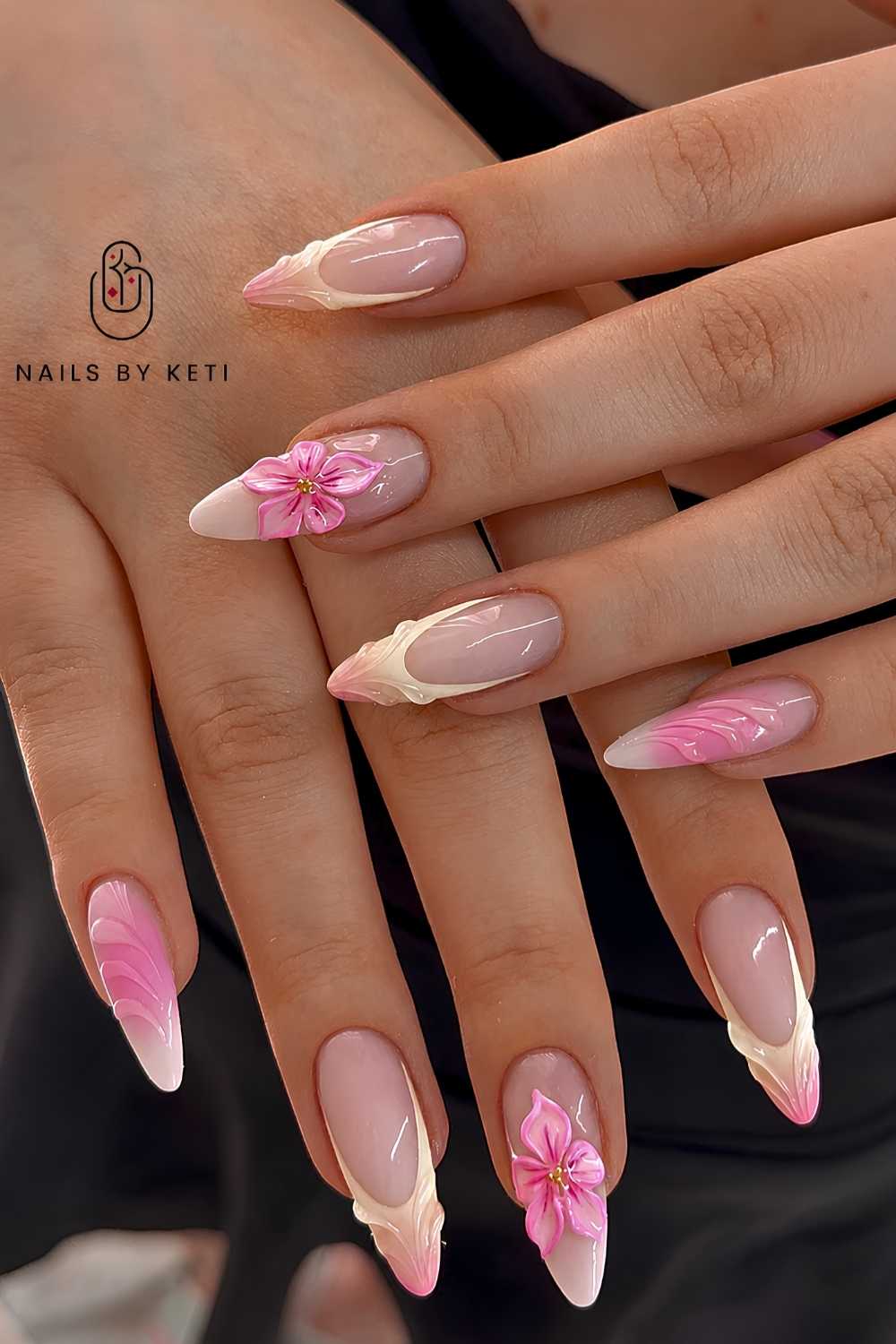 Pink buttergelb naegel 3D blumen