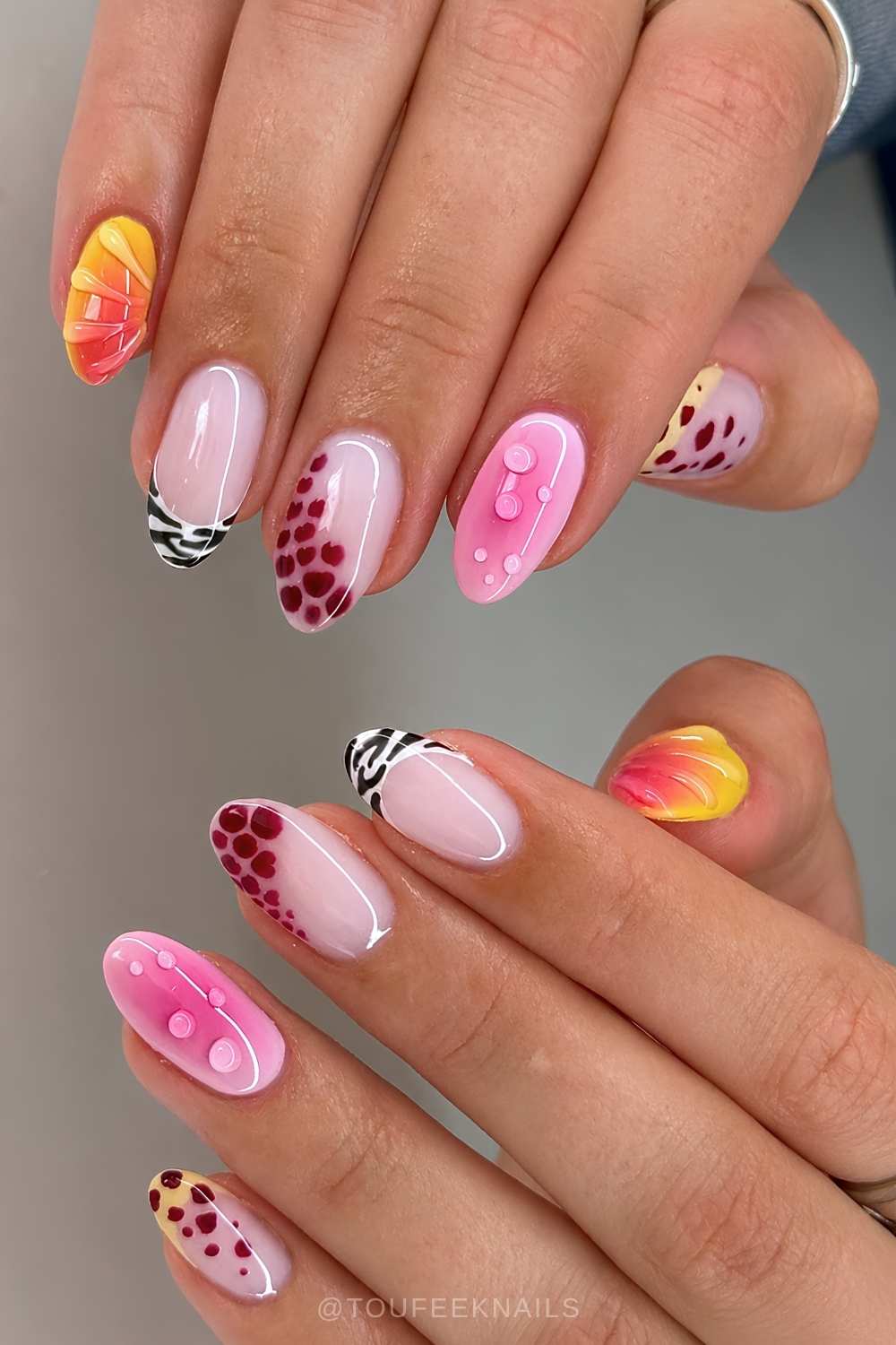 Pink gelbe mani mit animal print