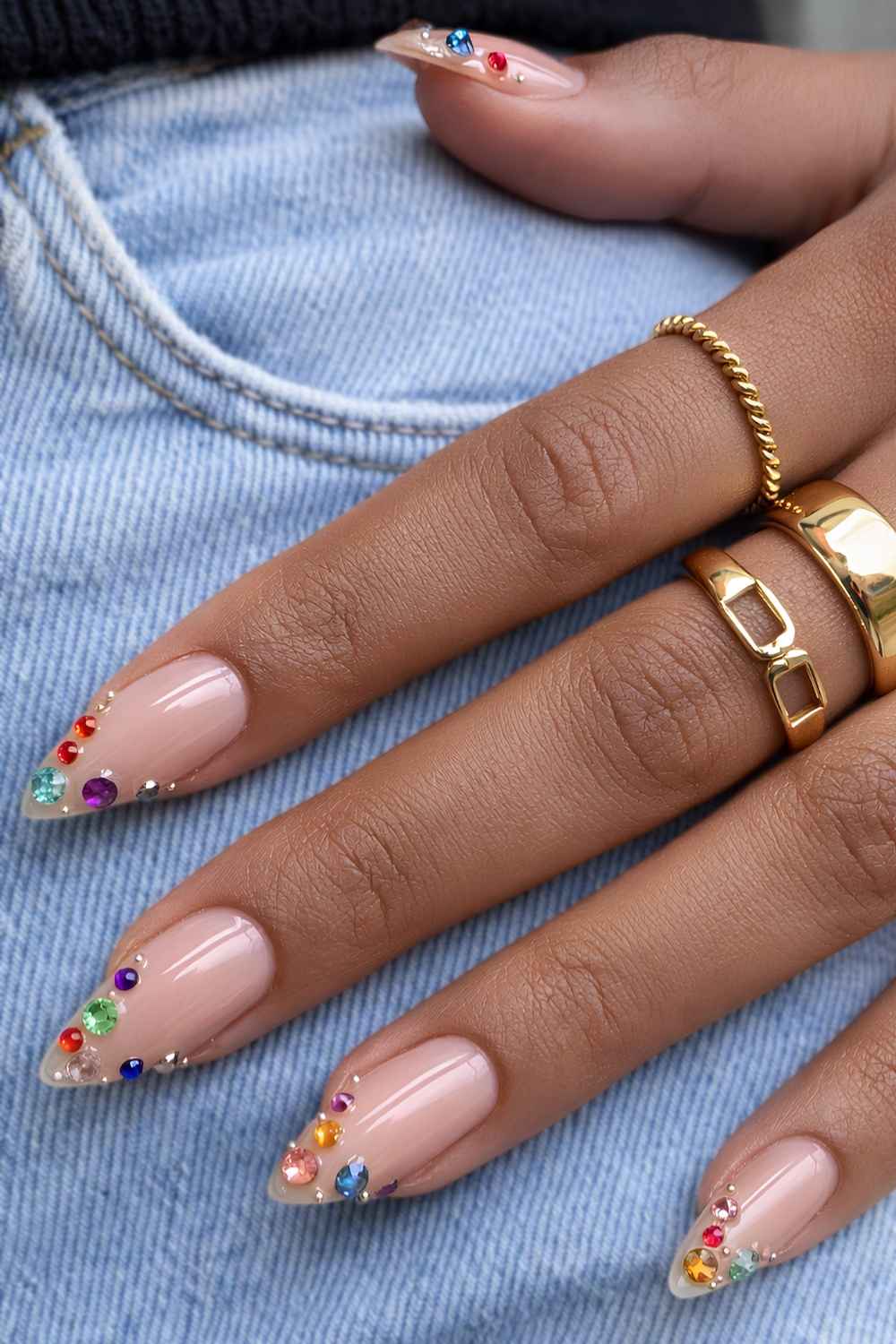 Bunte French Nails mit Strass
