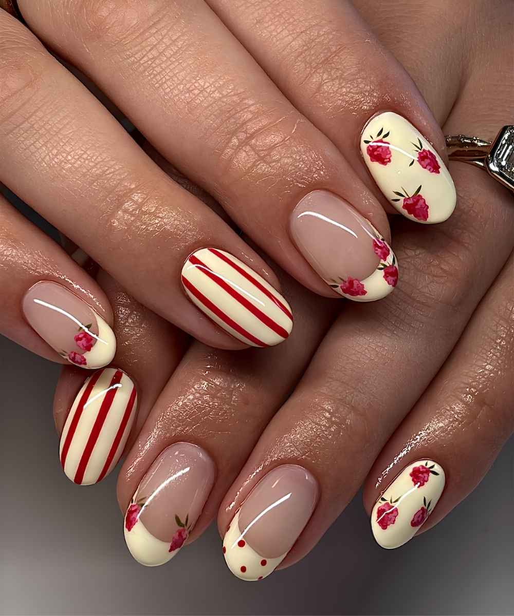 Buttergelbe Naegel mit roter Rosen Nail Art