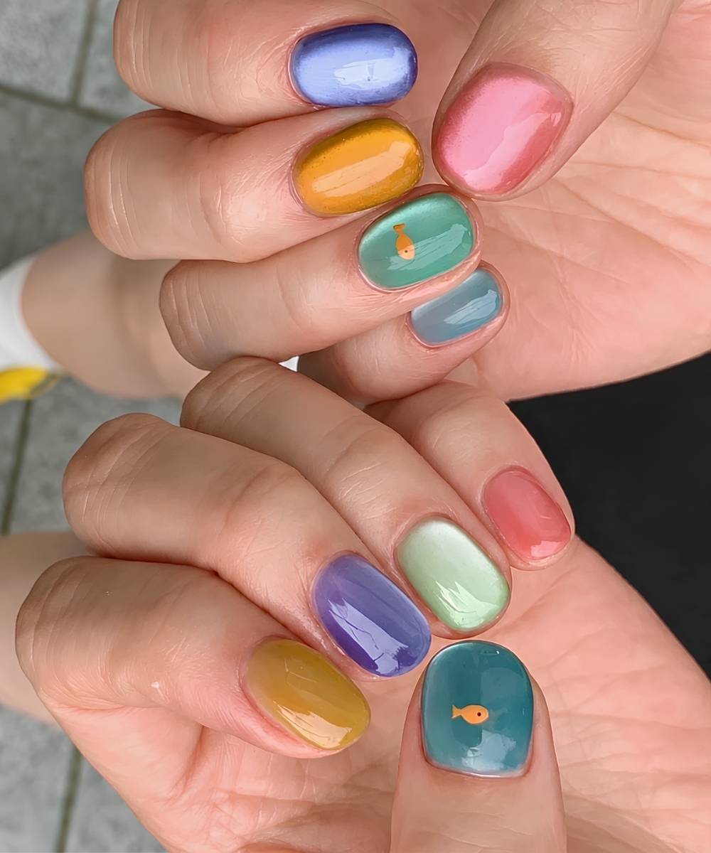 Cat Eye Skittle Naegel mit Fischmotiv