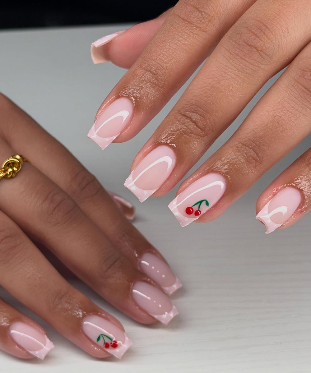Eckige pinke French mit Punkten und Kirschen