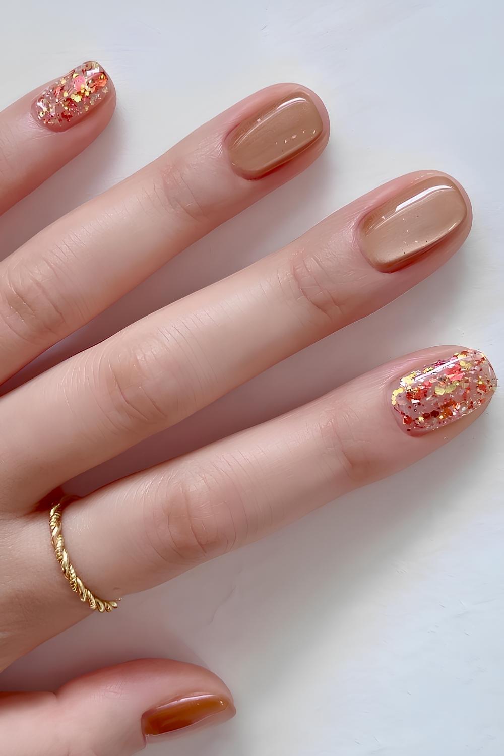 Goldene Naegel mit Glaseffekt und Glitzer