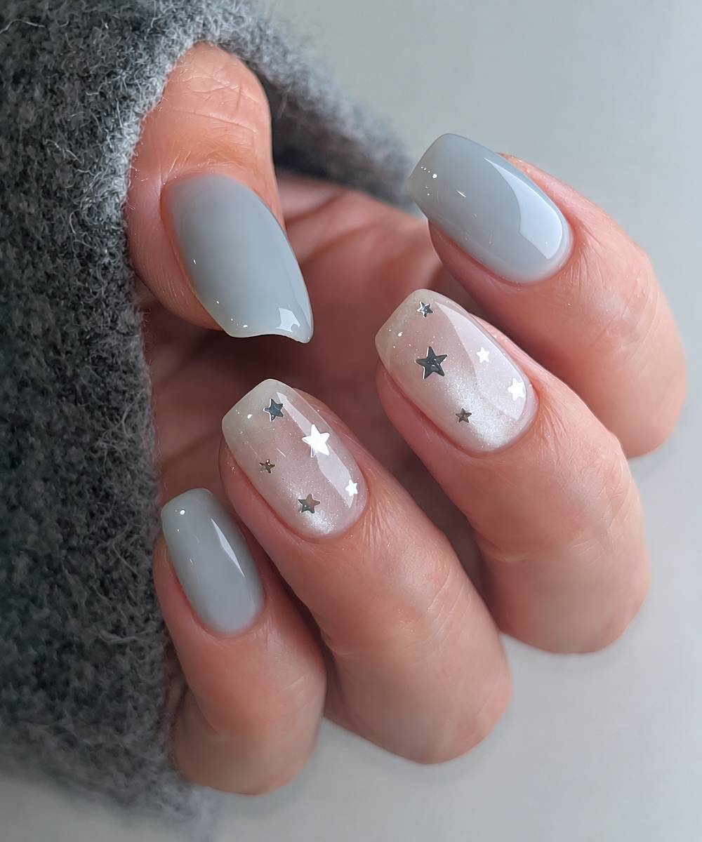 Nebelblaue Naegel mit Sternen und Cat Eye Akzent