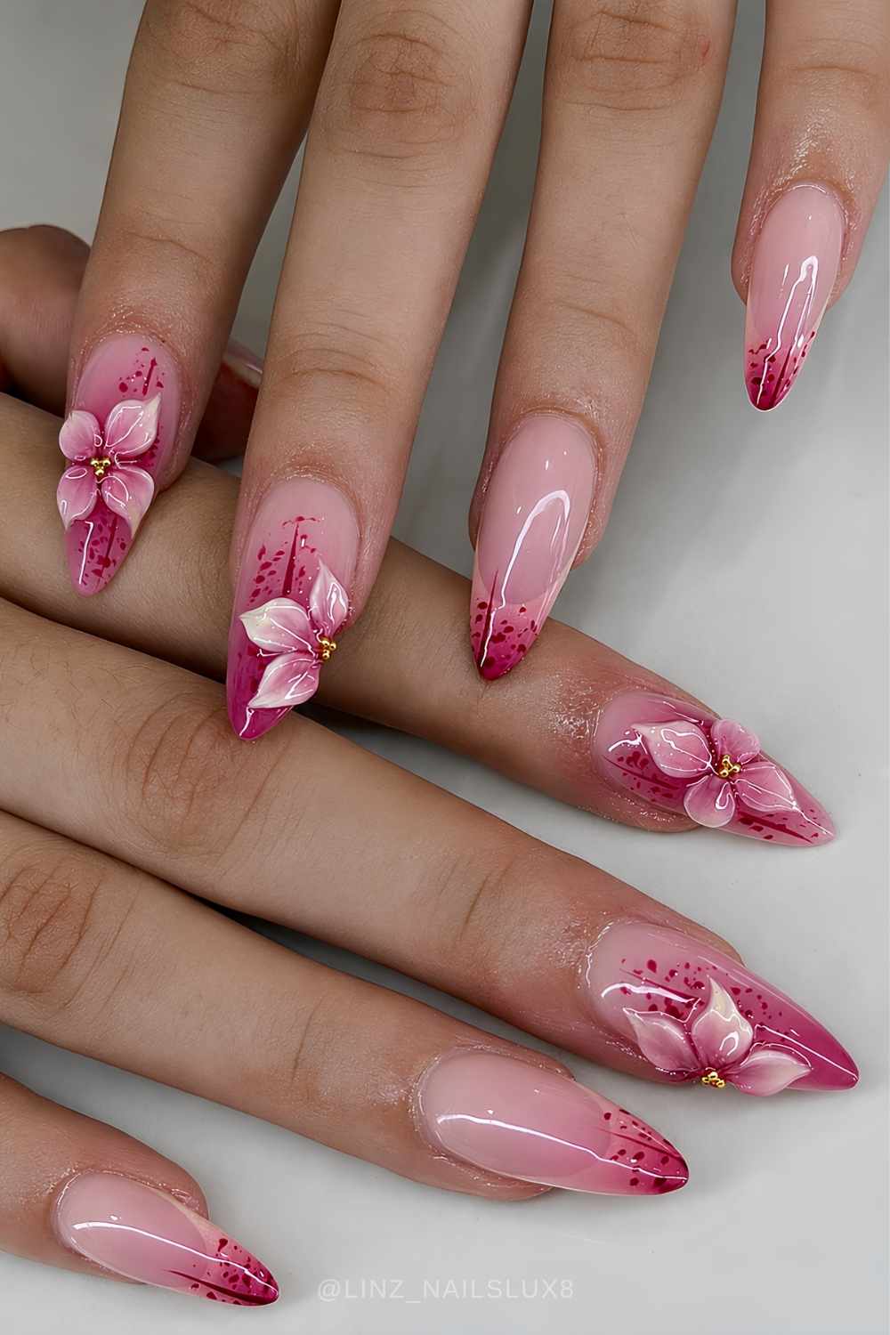 Pink Ombre Naegel mit 3D Blumen