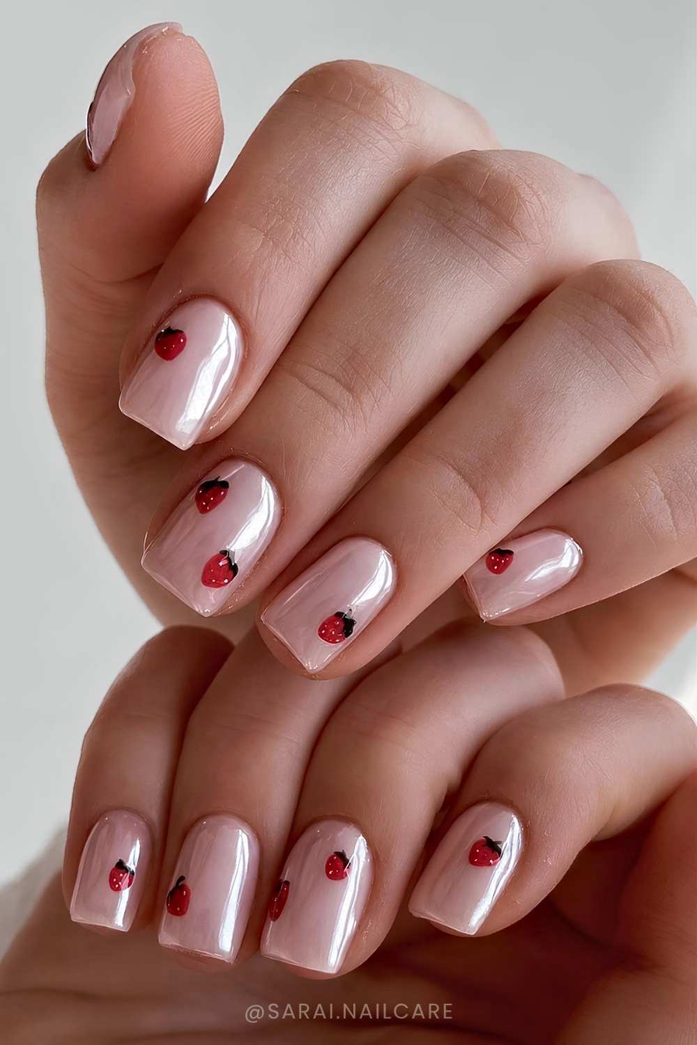 Rosa Chrome Nagel mit Erdbeer Motiv