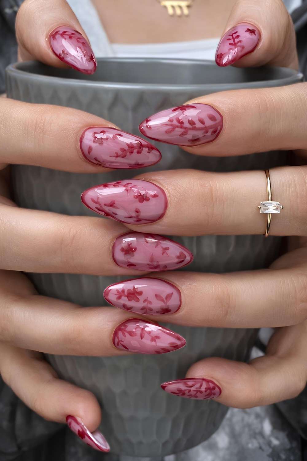 Rosa blumen naegel mit spitzen look