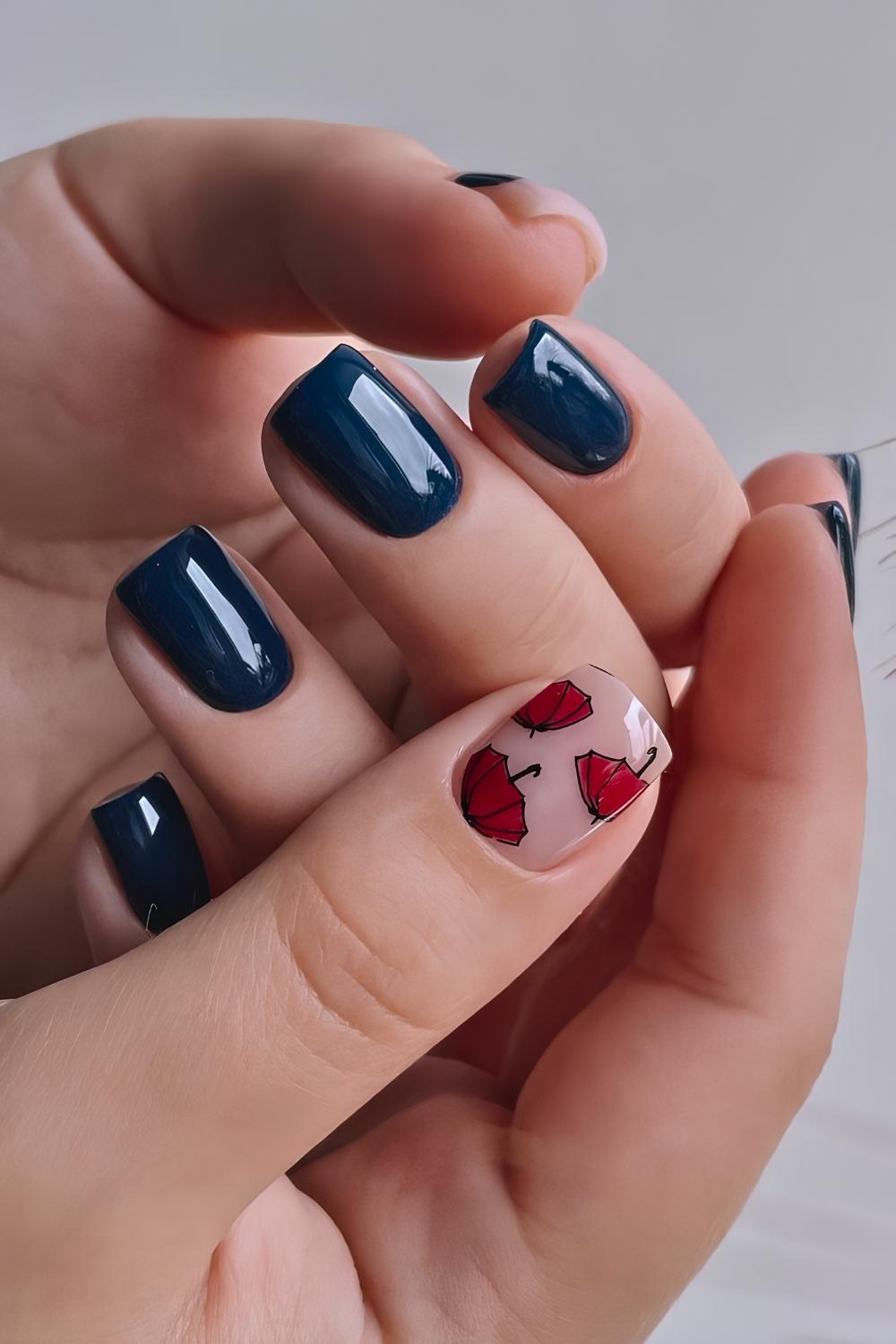 Blaue Herbstnaegel mit Regenschirm Motiv