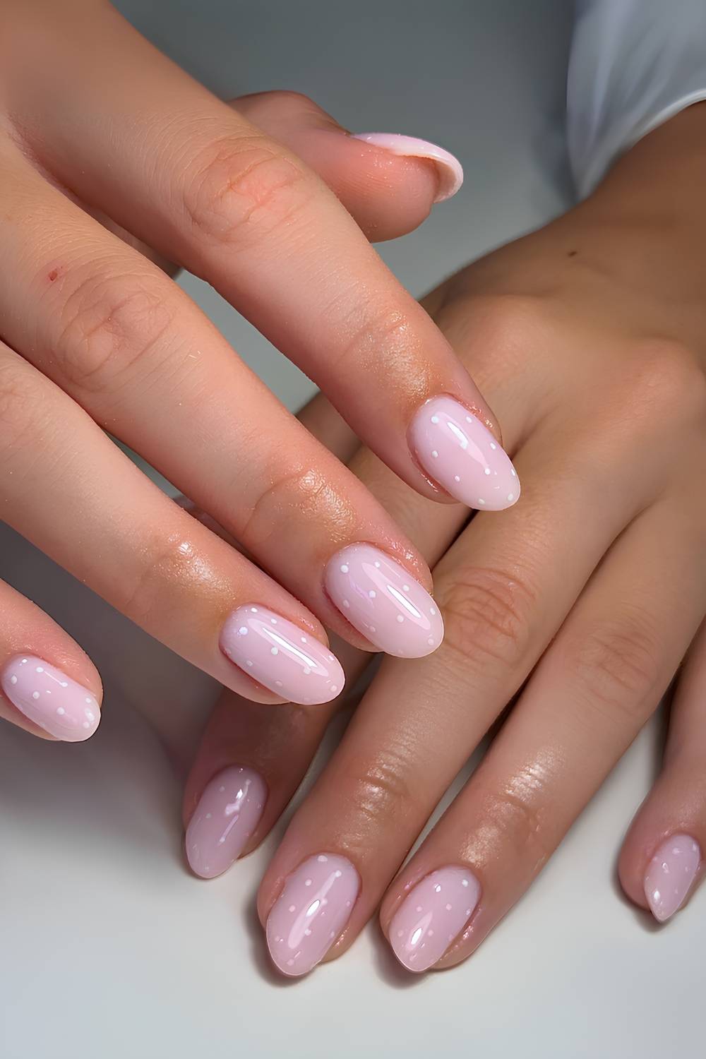 Milchrosa Manikuere mit Polka Dots