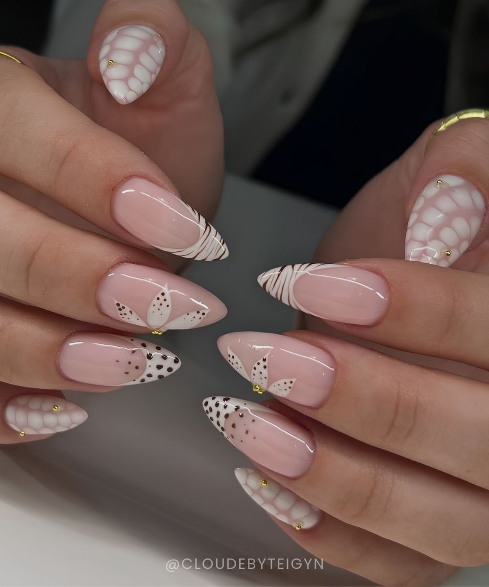 Neutrale Sommernaegel mit Blumen und Animal Print