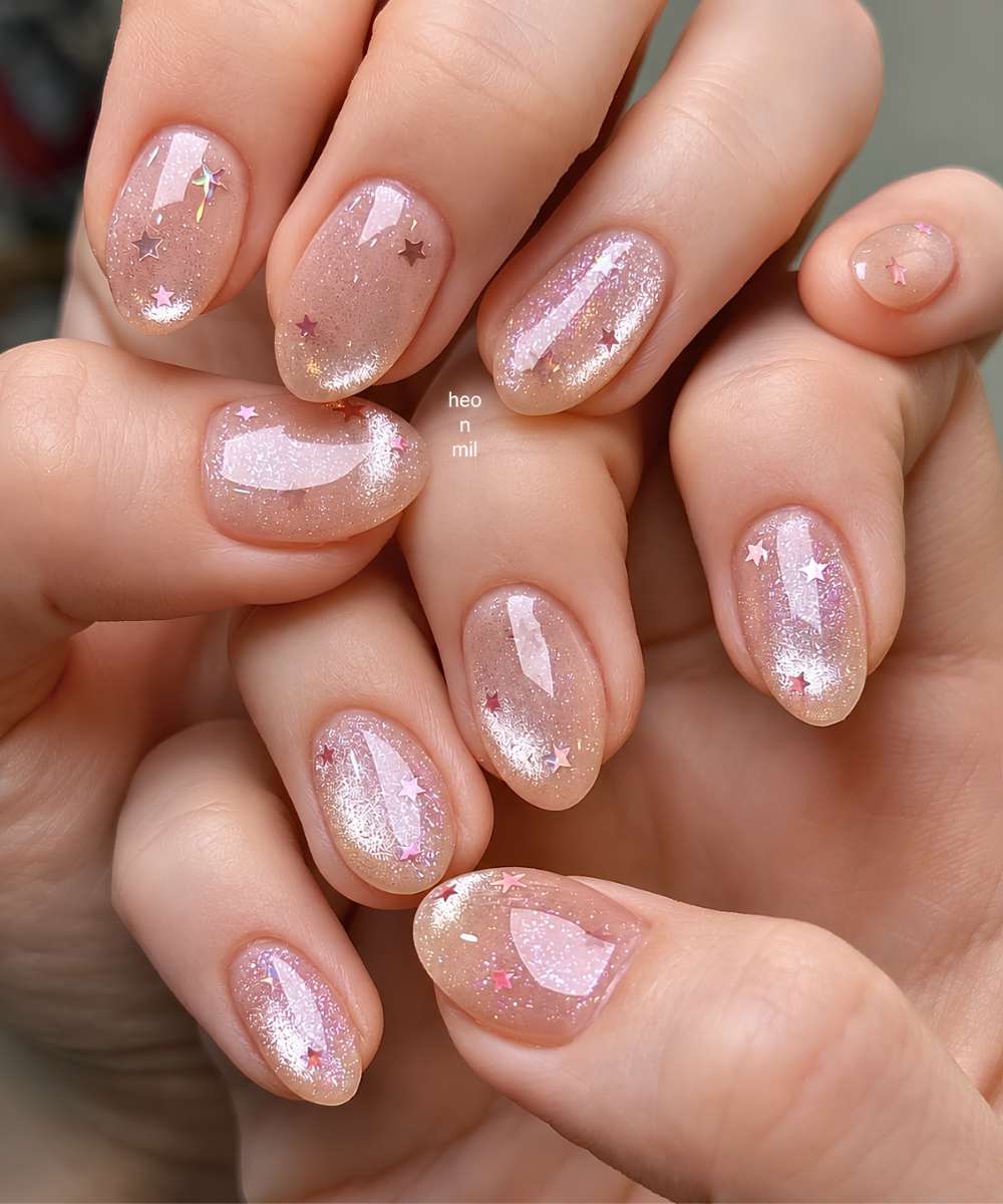 Neutrale cat eye naegel mit mini sternen