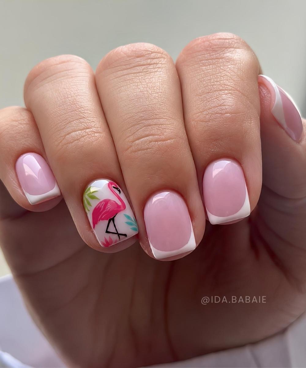 Weisse French Naegel mit rosa Flamingo Motiv