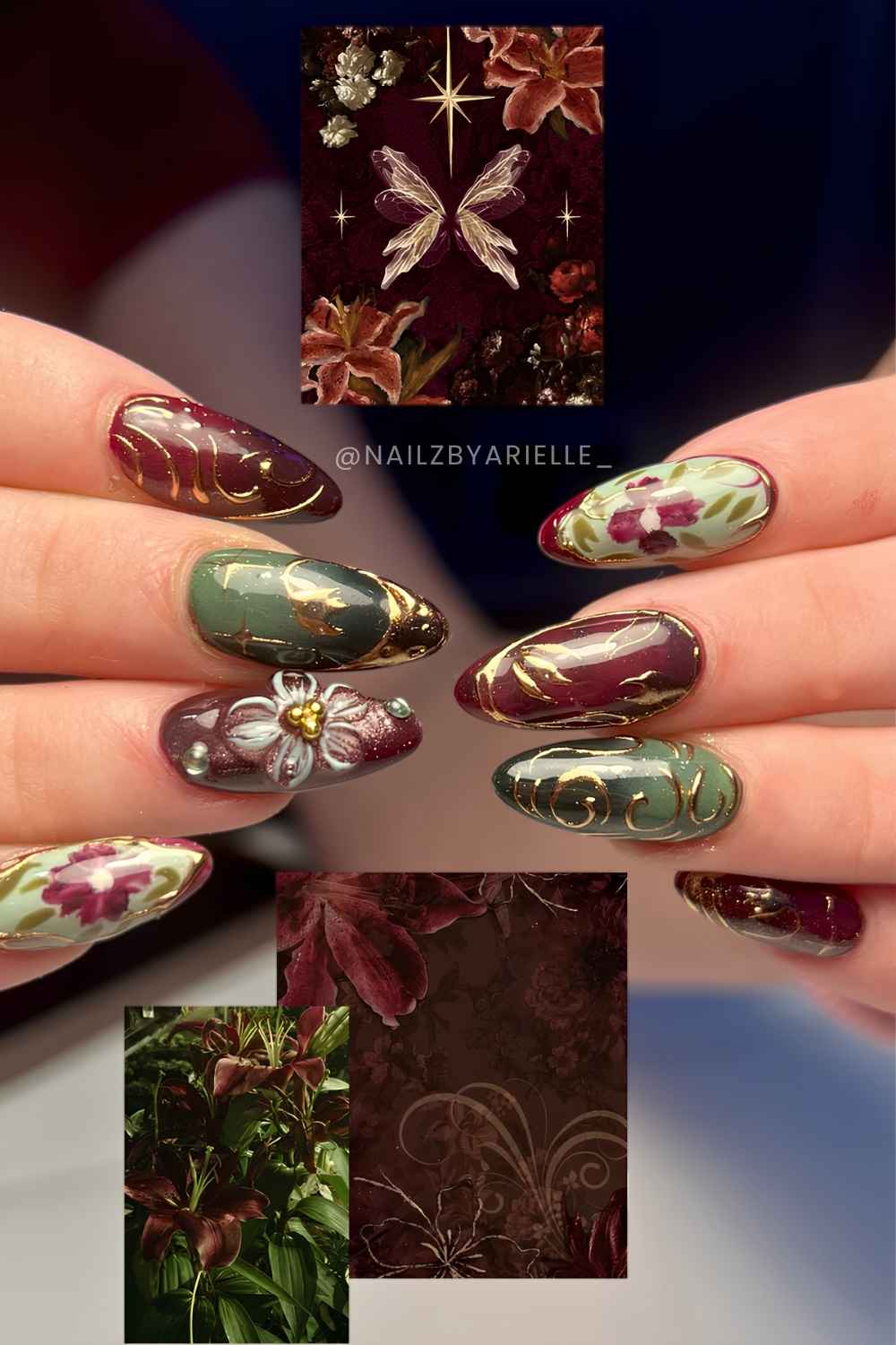 Burgundy und waldgruene naegel mit blumen und gold details