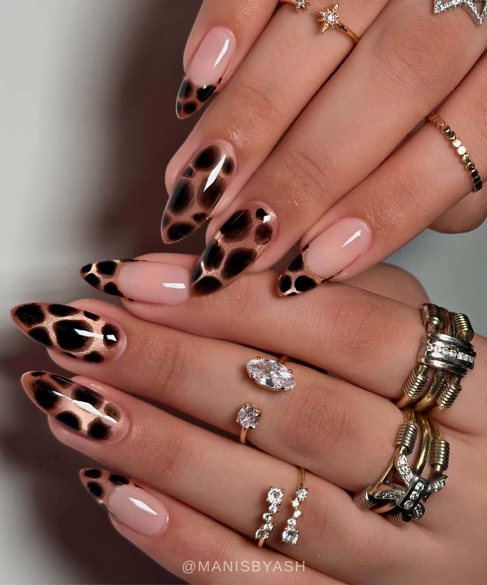 Neutrale cat eye naegel mit braunem schildpattmuster