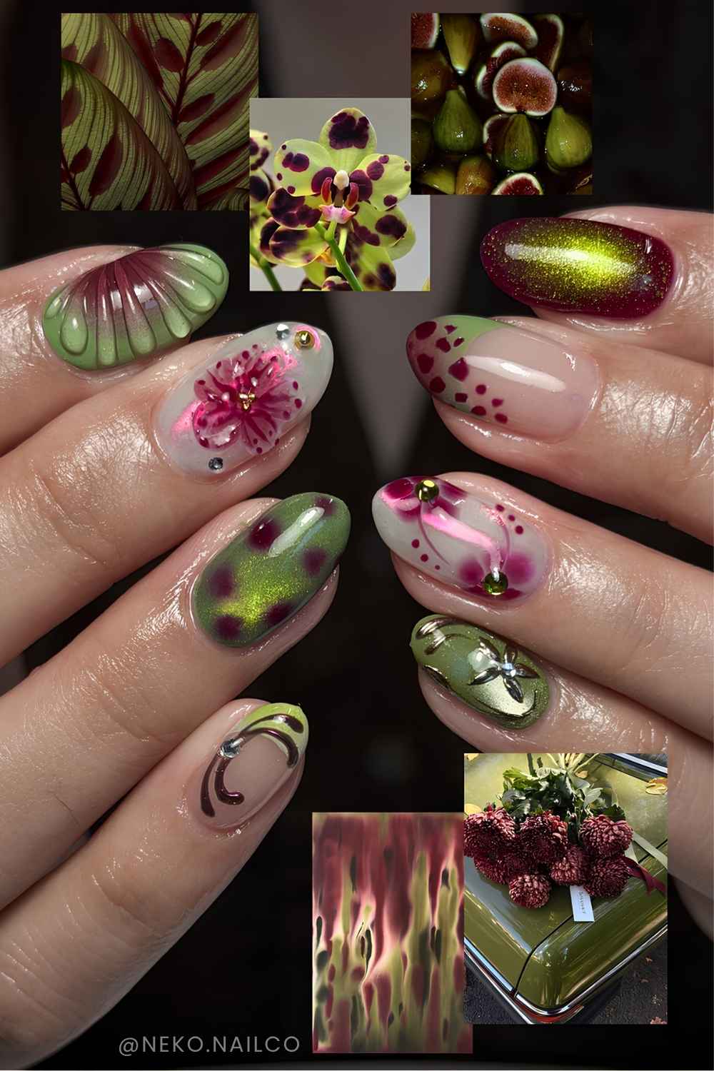 Olivgruene und tiefrote cat eye blumen mani