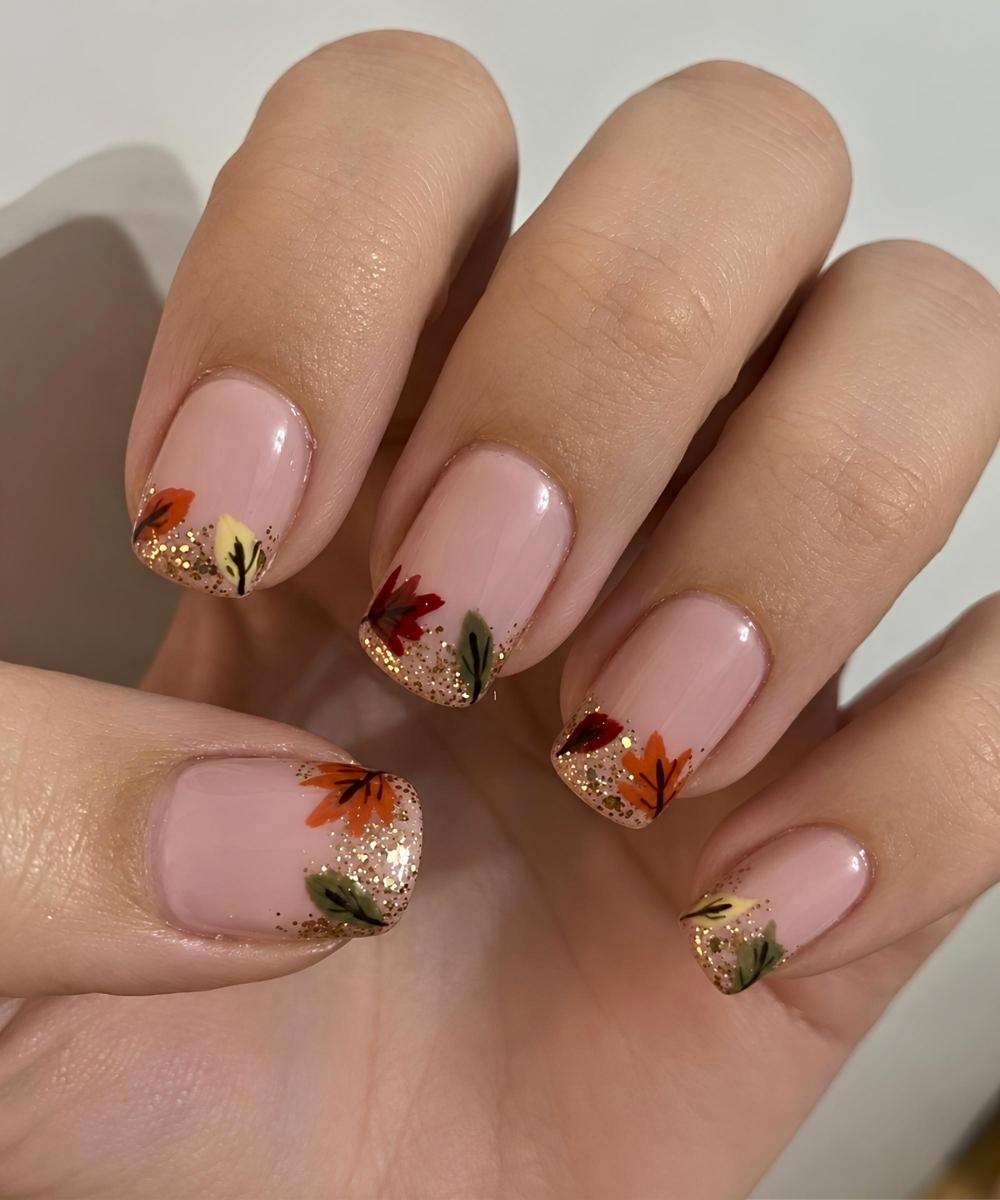 Goldene Glitzer Ombre Naegel mit Herbstblaettern
