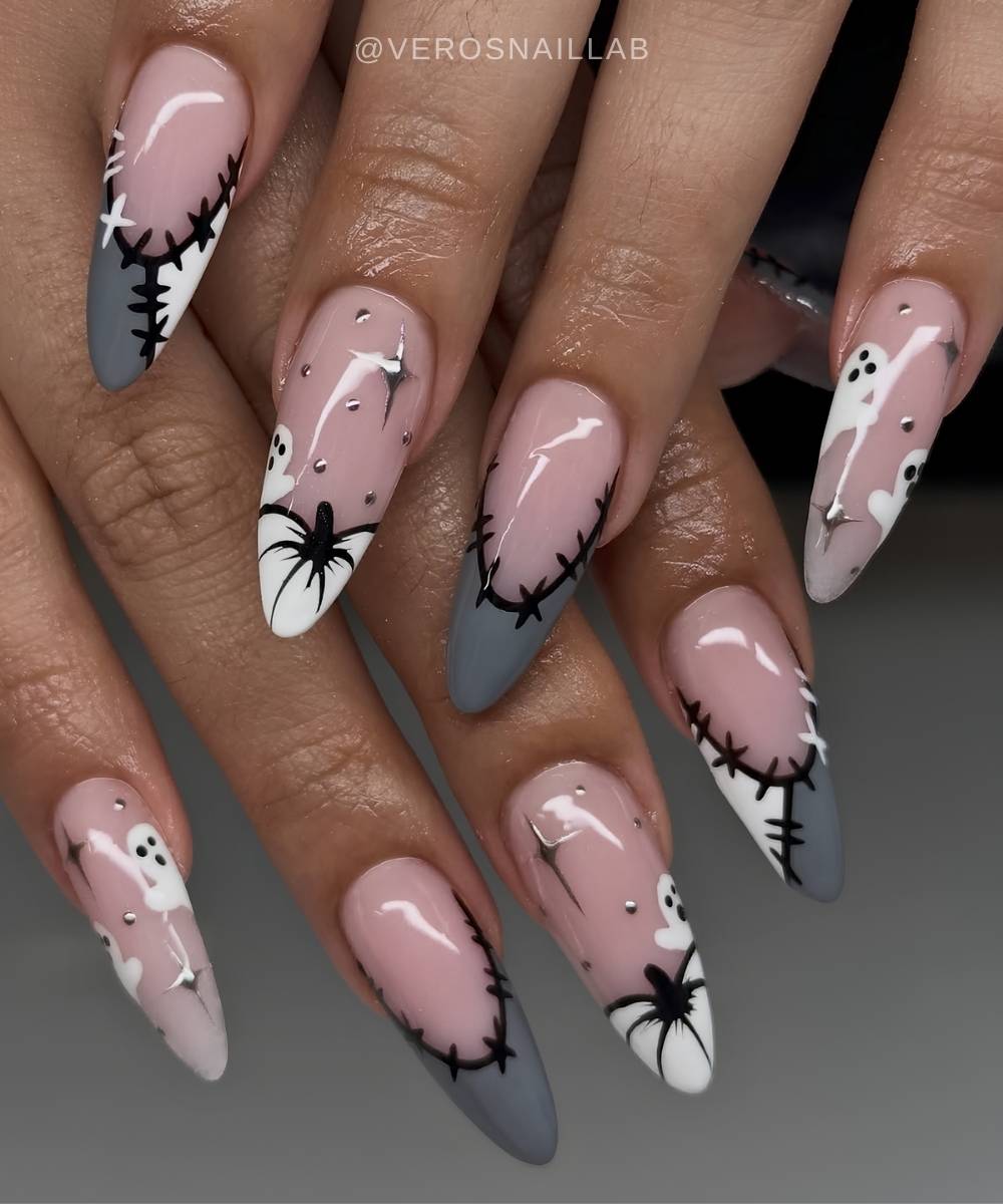 Graue und Weisse Halloween French Naegel