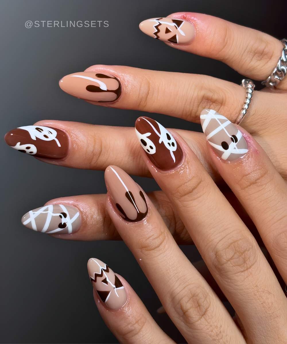 Neutrale Naegel mit gruseligem Halloween Design
