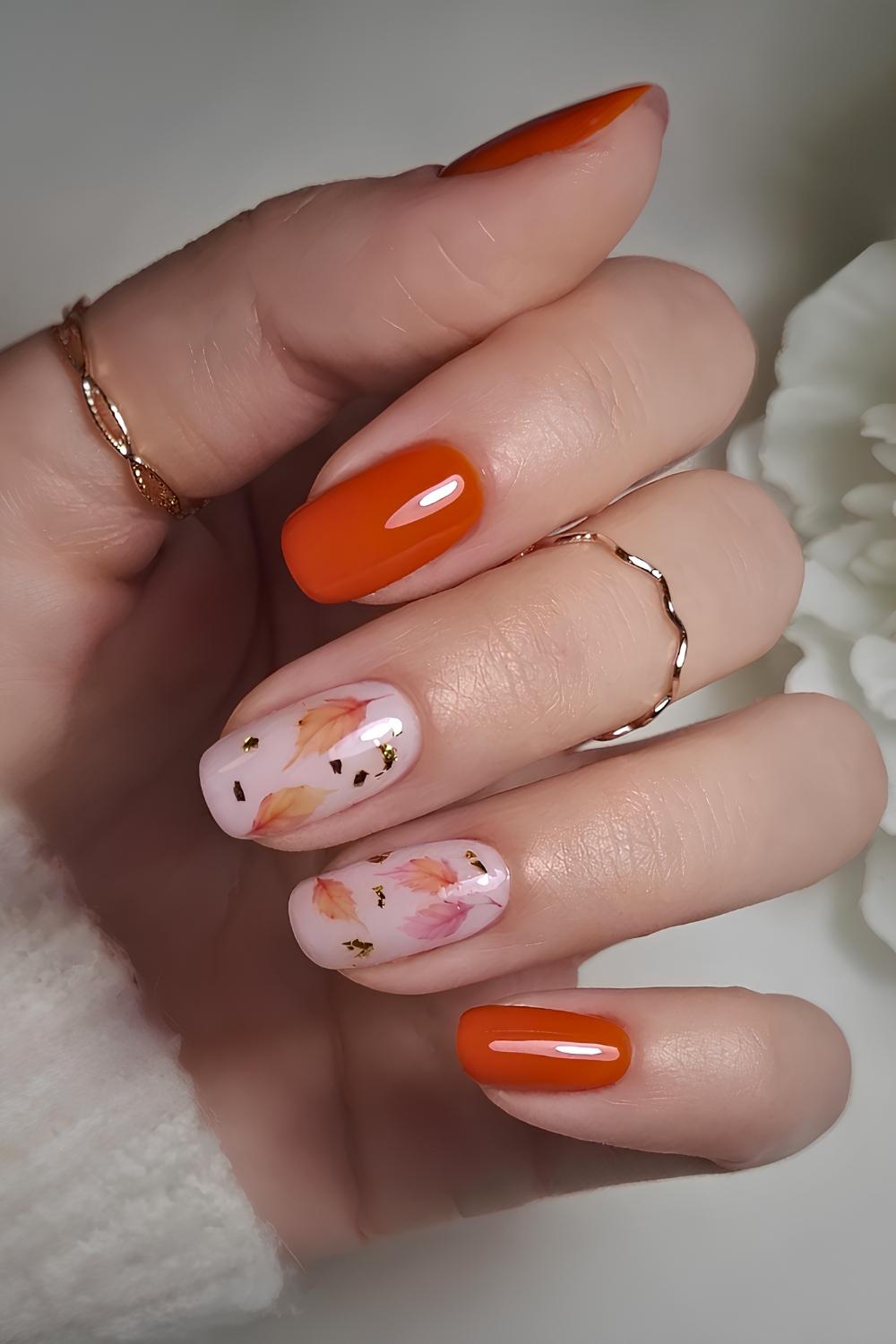Orange Manikuere mit Herbstblaettern